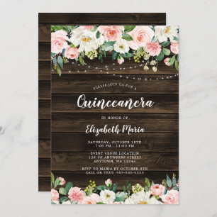 Invitación Rústico Pellizque Floral Rosa Quinceanera