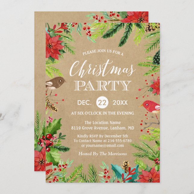 Invitación Rústico Pines Berries Navidades Floral Kraft Fiest (Anverso / Reverso)