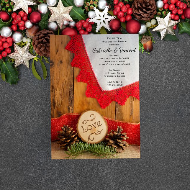 Invitación Rústico Pines Red Lace Winter Post Boda Brunch (Set a festive tone with the Rustic Pines and Red Lace Winter Woodland Post Wedding Brunch Invitation)