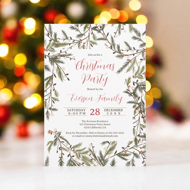 Invitación Rústico Pino Verde ramifica Fiesta de Navidades el (Rustic Green Pine Branches Elegant Christmas Party Invitation on white)