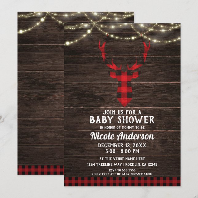 Invitación Rústico Plaid Deer Antlers Wood Lights Baby Shower (Anverso / Reverso)