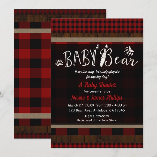 Invitación Rústico Plaid Red Baby Bear Baby Shower Unisex (Anverso / Reverso)
