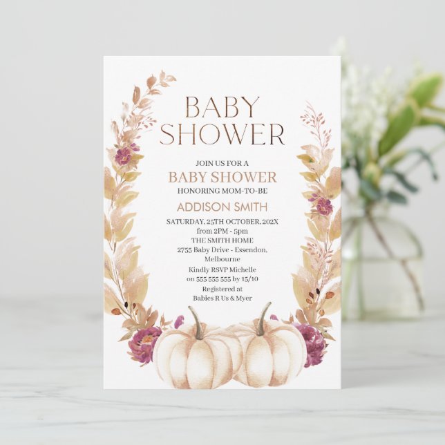 Invitación Rústico Plum Brown Calabaza Caída Tema Baby Shower (Anverso de pie)