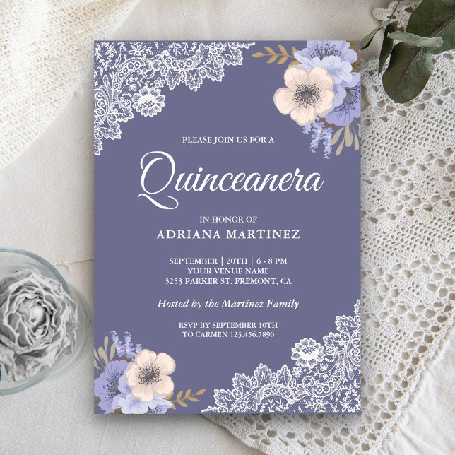Invitación Rústico Polvo Morado Lace Floral Quinceanera (Subido por el creador)