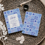 Invitación Rústico Portugués Tile Azul Blanco 50 cumpleaños<br><div class="desc">Este diseño rústico presenta un patrón de fondo de azulejos portugueses de color azul y blanco, o azulejos. Personalízalo con el nombre del invitado de honor en un elegante guión de escritura a mano azul marino y el texto restante en serif azul marino en un rectángulo blanco. En el reverso...</div>
