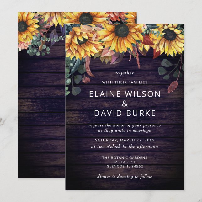 Invitación Rústico Purple Barn Wood Country Sunflowers Boda (Anverso / Reverso)