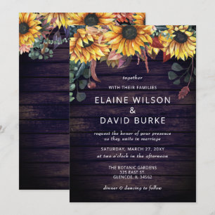 Invitación Rústico Purple Barn Wood Country Sunflowers Boda