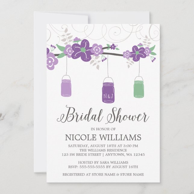 Invitación Rústico Purple Green Mason Jar Branch Bridal Showe (Anverso)