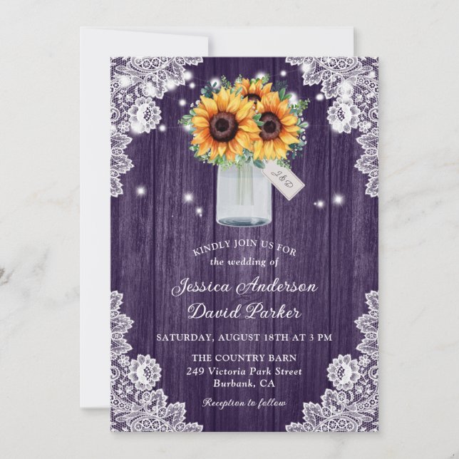 Invitación Rústico Purple Lace Mason Jar Sunflower Boda (Anverso)