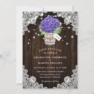 Invitación Rústico Púrpura Hidrangea Wood Lace Boda