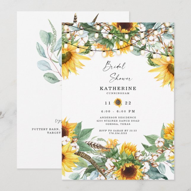 Invitación Rústico ramo de girasoles exuberantes con luces de (Anverso / Reverso)