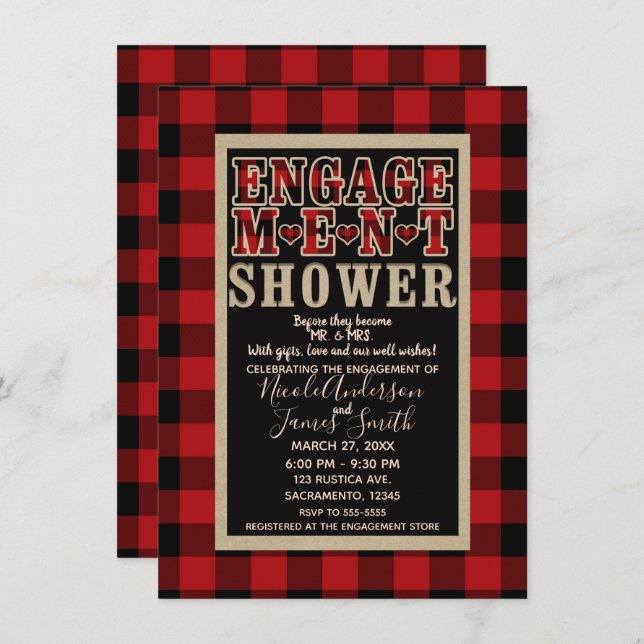 Invitación Rústico Red Black Buffalo Plaid Engagement Shower (Anverso / Reverso)