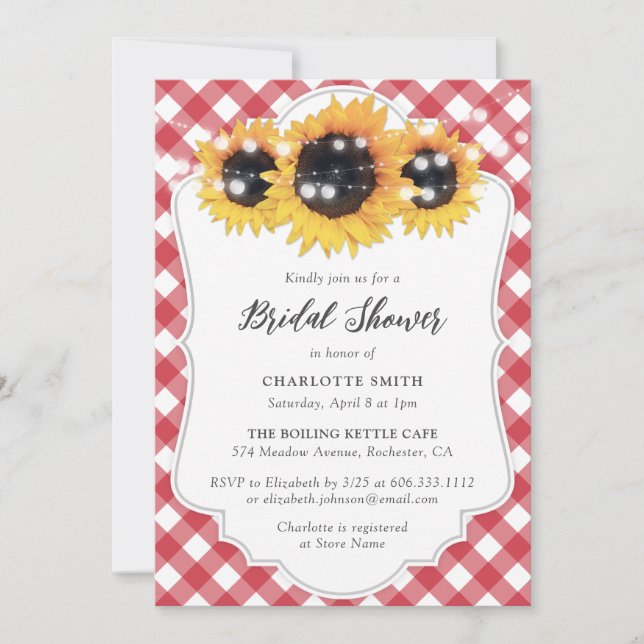 Invitación Rústico Red Gingham Sunflower Bridal Shower (Anverso)