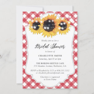 Invitación Rústico Red Gingham Sunflower Bridal Shower