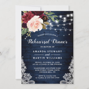Invitación Rústico Rojo Azul Floral Ensayo Cena