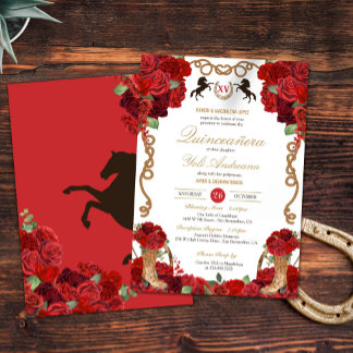 Invitación Rústico Rojo Elegante Charro Quinceañera