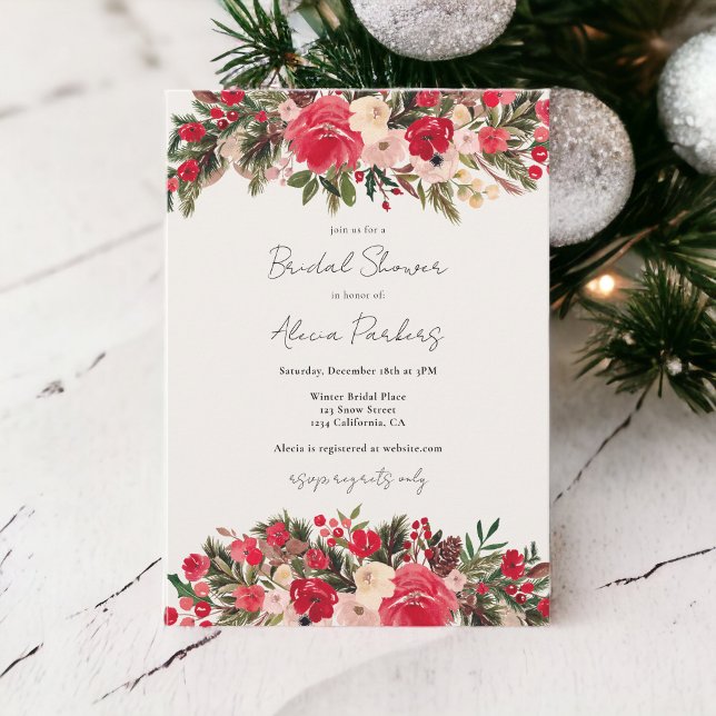 Invitación Rústico Rojo Floral Invernadero Ducha de novia (Rustic Red green Floral Winter Bridal shower Invitation)