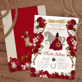 Invitación Rústico Rojo Occidental Roses Floral Charro Quince