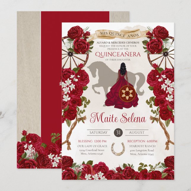 Invitación Rústico Rojo Occidental Roses Floral Charro Quince (Anverso / Reverso)