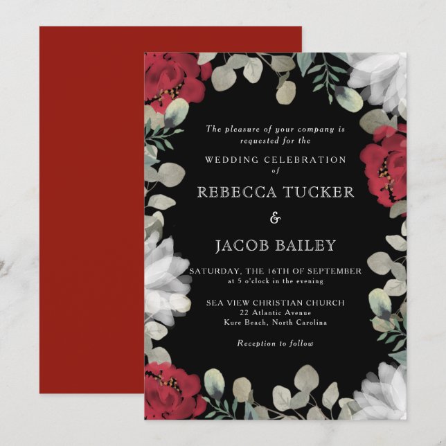 Invitación Rústico Rojo y Blanco Floral Verdor negro Boda (Anverso / Reverso)