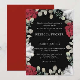 Invitación Rústico Rojo y Blanco Floral Verdor negro Boda