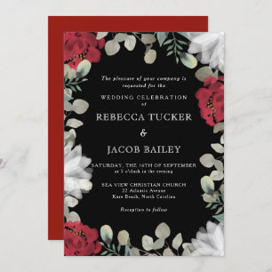 Invitación Rústico Rojo y Blanco Floral Verdor negro Boda
