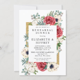 Invitación Rústico Rojo y Oro Ensayo de Floral Cena
