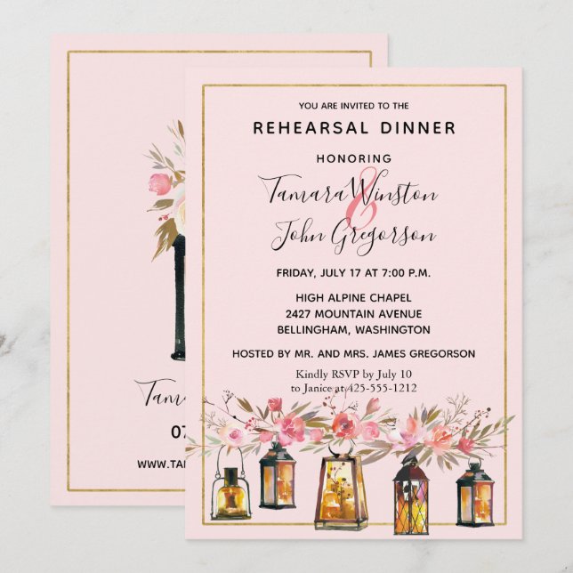 Invitación Rústico Romance Lanterns Rosa Prueba de oro Cena (Anverso / Reverso)
