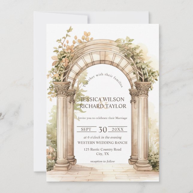 Invitación Rústico Romántico Beige Arch Ranch Granero (Anverso)