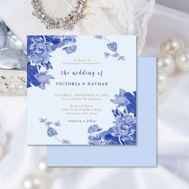 Invitación Rústico romántico Boda de la plaza floral azul (Subido por el creador)
