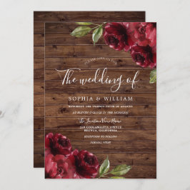 Invitación Rústico Romántico Borgoña Boda Rosa Roja