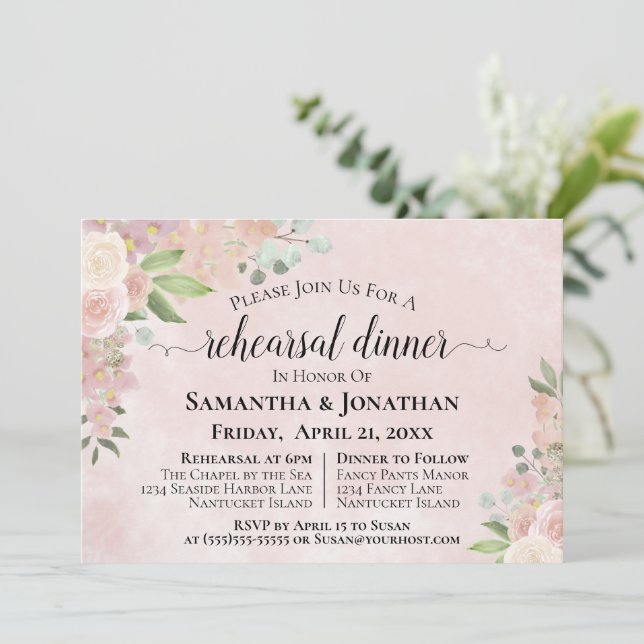 Invitación Rústico Rosa Boda Floral Ensayo Cena (Anverso de pie)