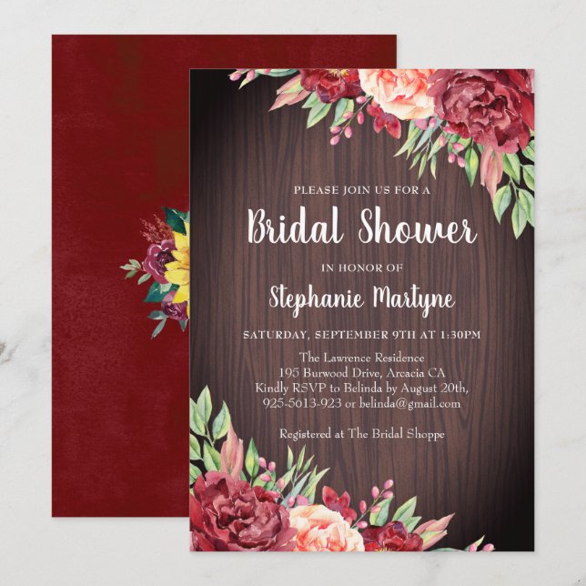 Invitación Rústico Rosa de Borgoña Floral Bridal Shower (Anverso / Reverso)