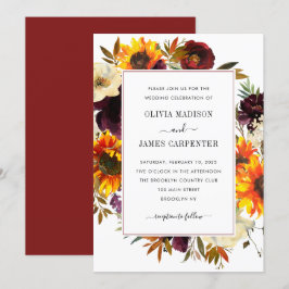Invitación Rústico Rosa de girasol Borgoña Boda floral otoño
