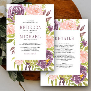 Invitación Rústico Rosa Floral con Toque Púrpura Todo en Uno 