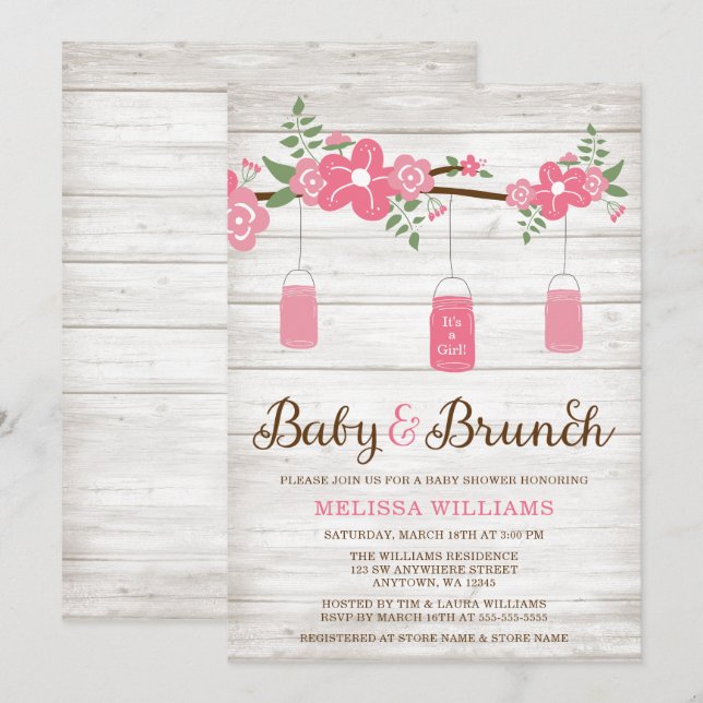 Invitación Rústico Rosa Mason Jar Chica Brunch Baby Shower (Anverso / Reverso)