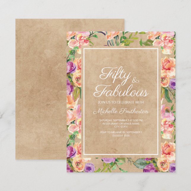 Invitación Rústico Rosa Púrpura Floral Kraft Cumpleaños 50 (Anverso / Reverso)