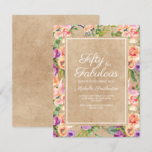 Invitación Rústico Rosa Púrpura Floral Kraft Cumpleaños 50