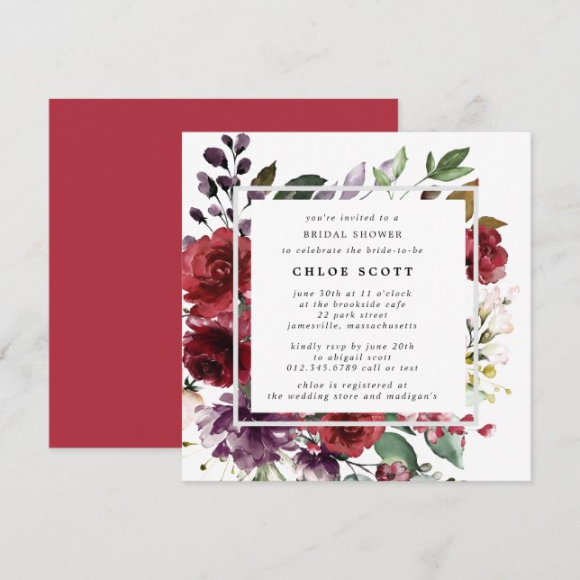 Invitación Rústico Rosa púrpura rojo Floral Bridal Shower (Anverso / Reverso)