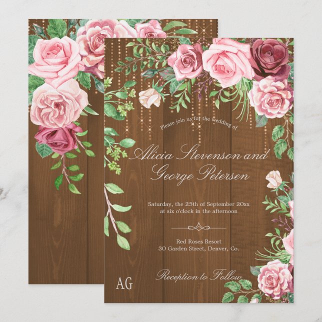 Invitación Rústico Rosa Rosa Monograma Boda de madera de gran (Anverso / Reverso)