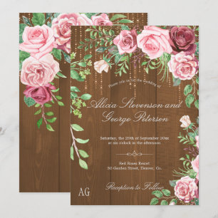 Invitación Rústico Rosa Rosa Monograma Boda de madera de gran