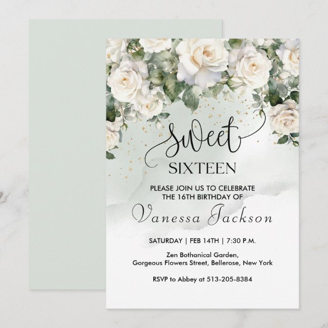 Invitación Rústico rosa suave floral rosa dorado dulces dieci (Anverso / Reverso)