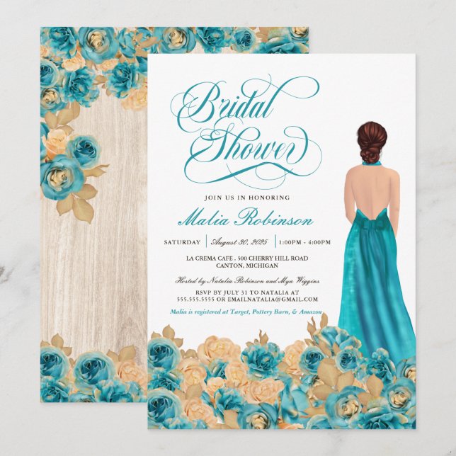 Invitación Rústico Rosa Verde azulado de oro y elegante ducha (Anverso / Reverso)
