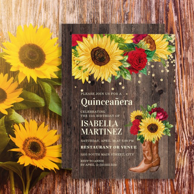 Invitación Rústico Roses Rojos De Giro Boots Quinceañera (Sunflowers, red roses, and cowgirl boots on rustic wood Quinceanera invitation)