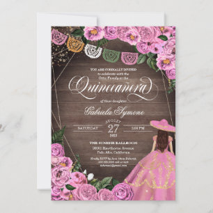 Invitación Rústico Roses Rosados Carro Vestido Quinceañera 