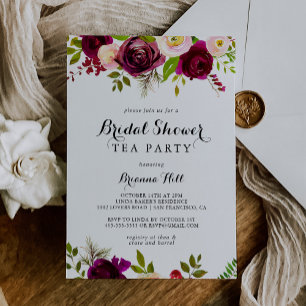 Invitación Rústico Rubor Burgundy Bridal Shower Tea Fiesta