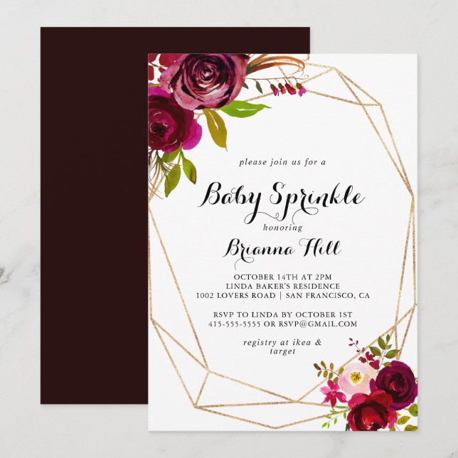 Invitación Rústico Rubor Burgundy Floral Baby Sprinkle (Anverso / Reverso)