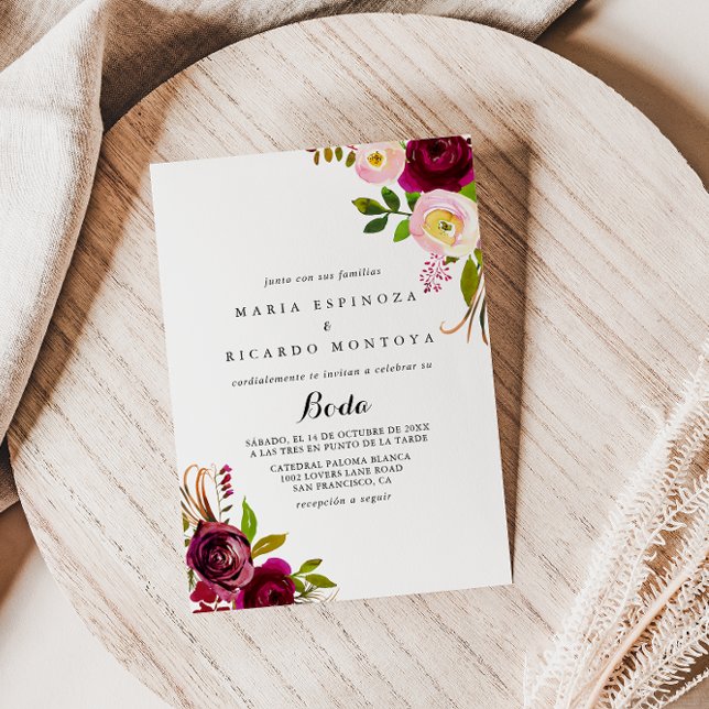 Invitación Rústico Rubor Burgundy Floral Boda español (Subido por el creador)