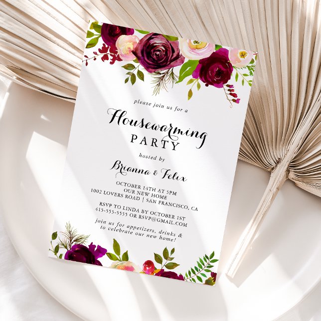 Invitación Rústico Rubor Burgundy Floral Housewarming Fiesta (Subido por el creador)