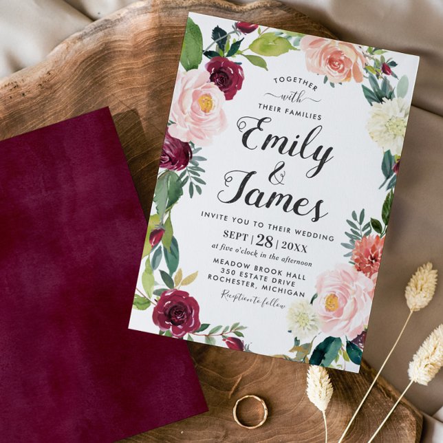 Invitación Rústico Rubor Burgundy Floral Wreath Script Boda (Subido por el creador)